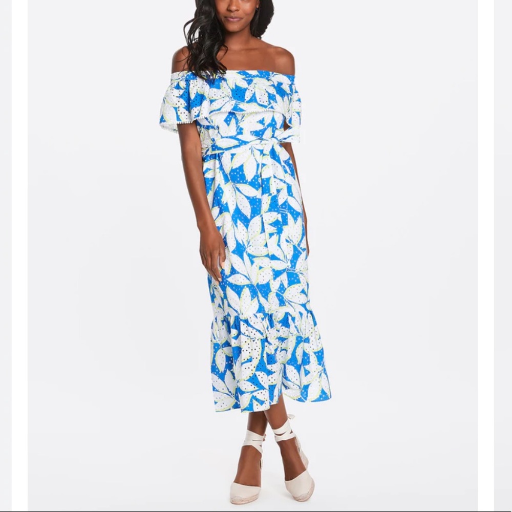 NWT DRAPER JAMES Off the Shoulder Eyelet Floral Flounce Midi Dress Belted US L